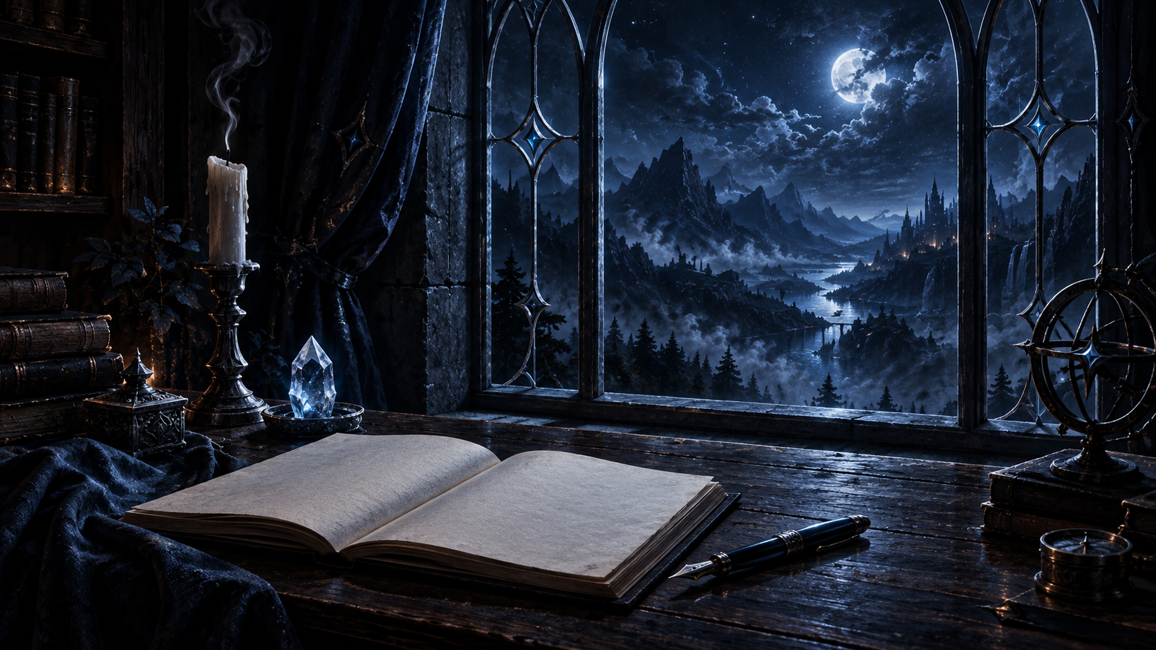 A moonlit fantasy study overlooking distant mountains