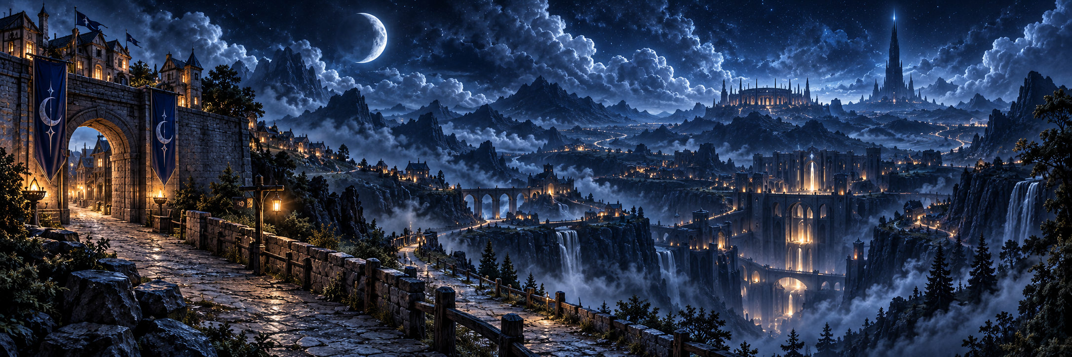 A moonlit fantasy road winding from a starter town toward a dungeon city, arena, and distant tower