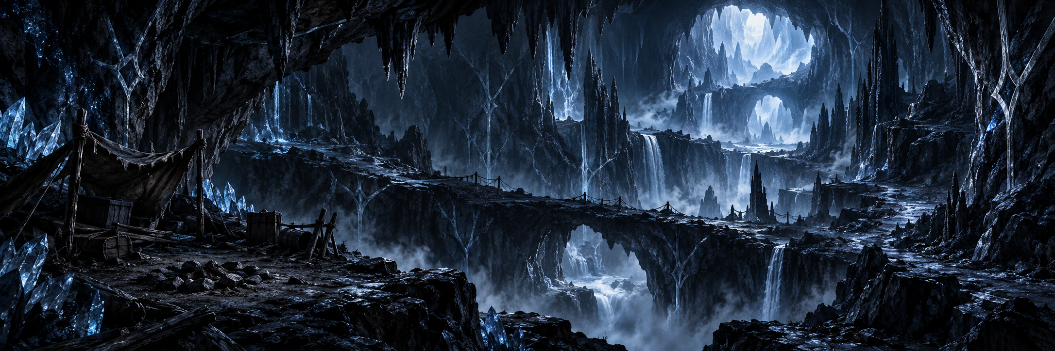 A vast moonlit cavern crossed by perilous stone paths