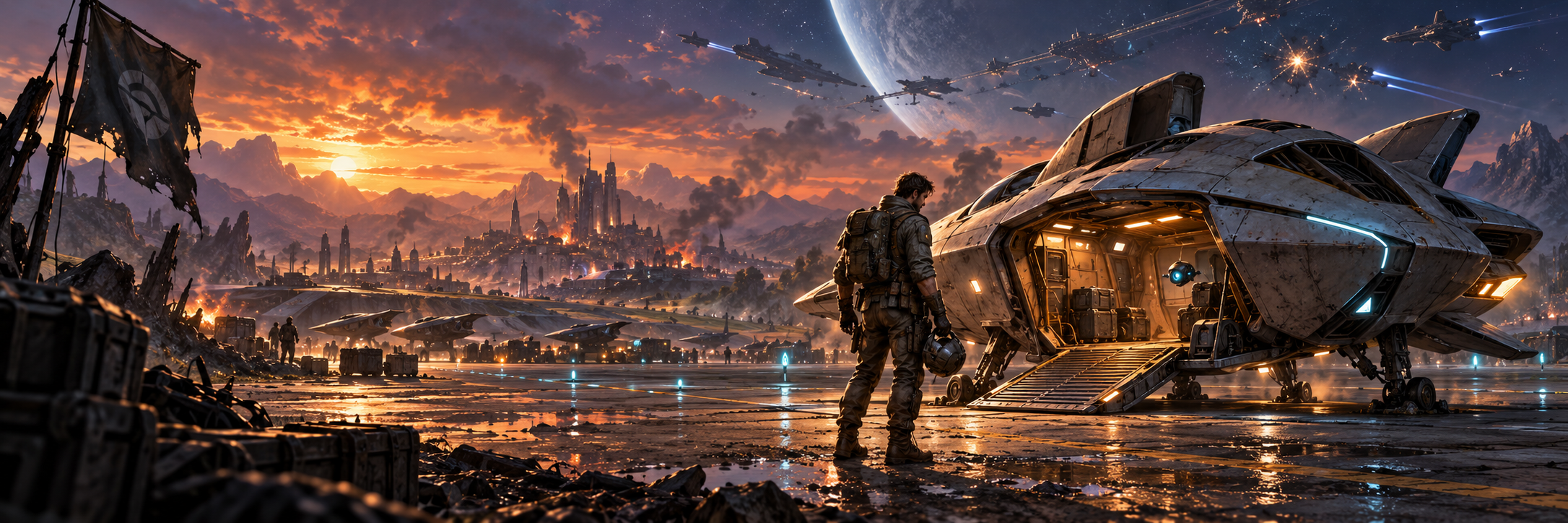 An expeditionary soldier stands beside an unfamiliar spacecraft on a war-torn alien flight line beneath an orbital battle